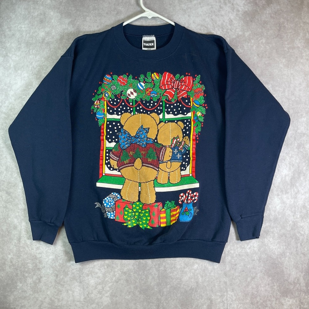 VINTAGE 90s Teddy Bear Christmas Sweatshirt Mens Large Blue Pullover Made in USA